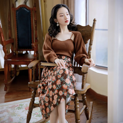 Women’s Shawl Top & Printed Midi Skirt Set – Elegant Two-Piece Outfit