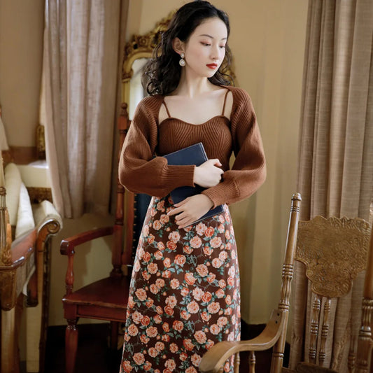 Women’s Shawl Top & Printed Midi Skirt Set – Elegant Two-Piece Outfit