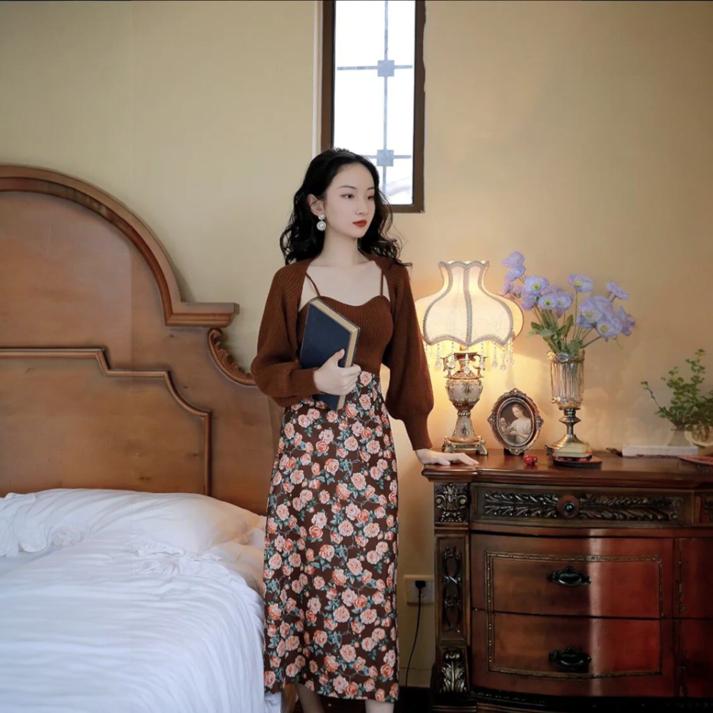 Women’s Shawl Top & Printed Midi Skirt Set – Elegant Two-Piece Outfit