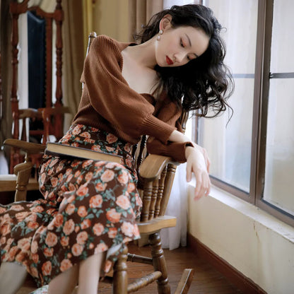 Women’s Shawl Top & Printed Midi Skirt Set – Elegant Two-Piece Outfit