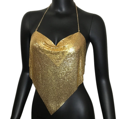 Women Sexy Metallic Chain Top  -  Sequin Rhinestone Backless Crop Outfit Sparkly EDM Party Club Night Tank Shirt