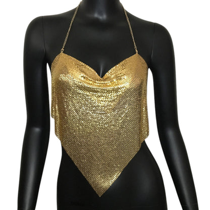Women Sexy Metallic Chain Top  -  Sequin Rhinestone Backless Crop Outfit Sparkly EDM Party Club Night Tank Shirt
