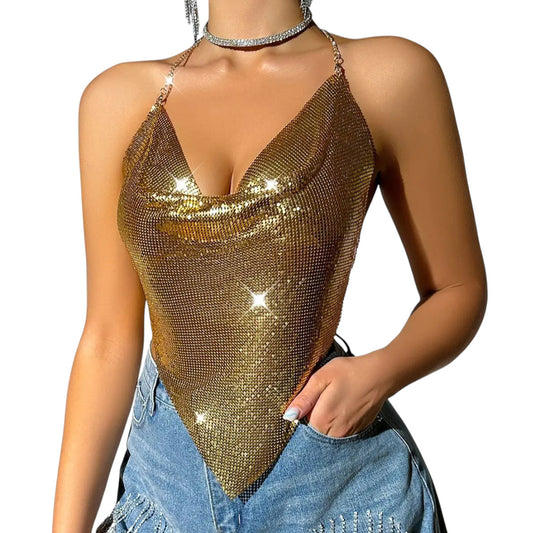Women Sexy Metallic Chain Top  -  Sequin Rhinestone Backless Crop Outfit Sparkly EDM Party Club Night Tank Shirt