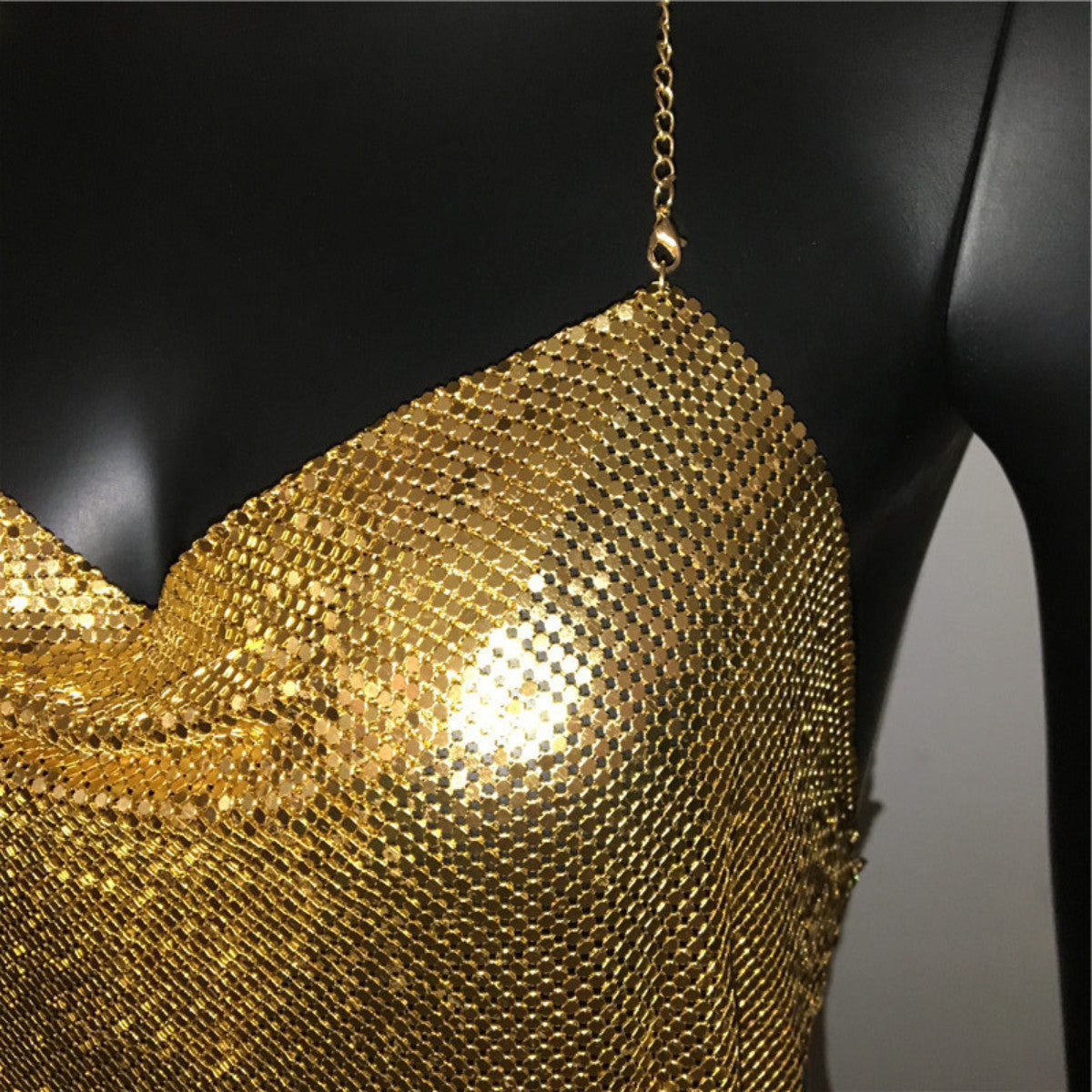 Women Sexy Metallic Chain Top  -  Sequin Rhinestone Backless Crop Outfit Sparkly EDM Party Club Night Tank Shirt