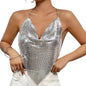 Women Sexy Metallic Chain Top  -  Sequin Rhinestone Backless Crop Outfit Sparkly EDM Party Club Night Tank Shirt