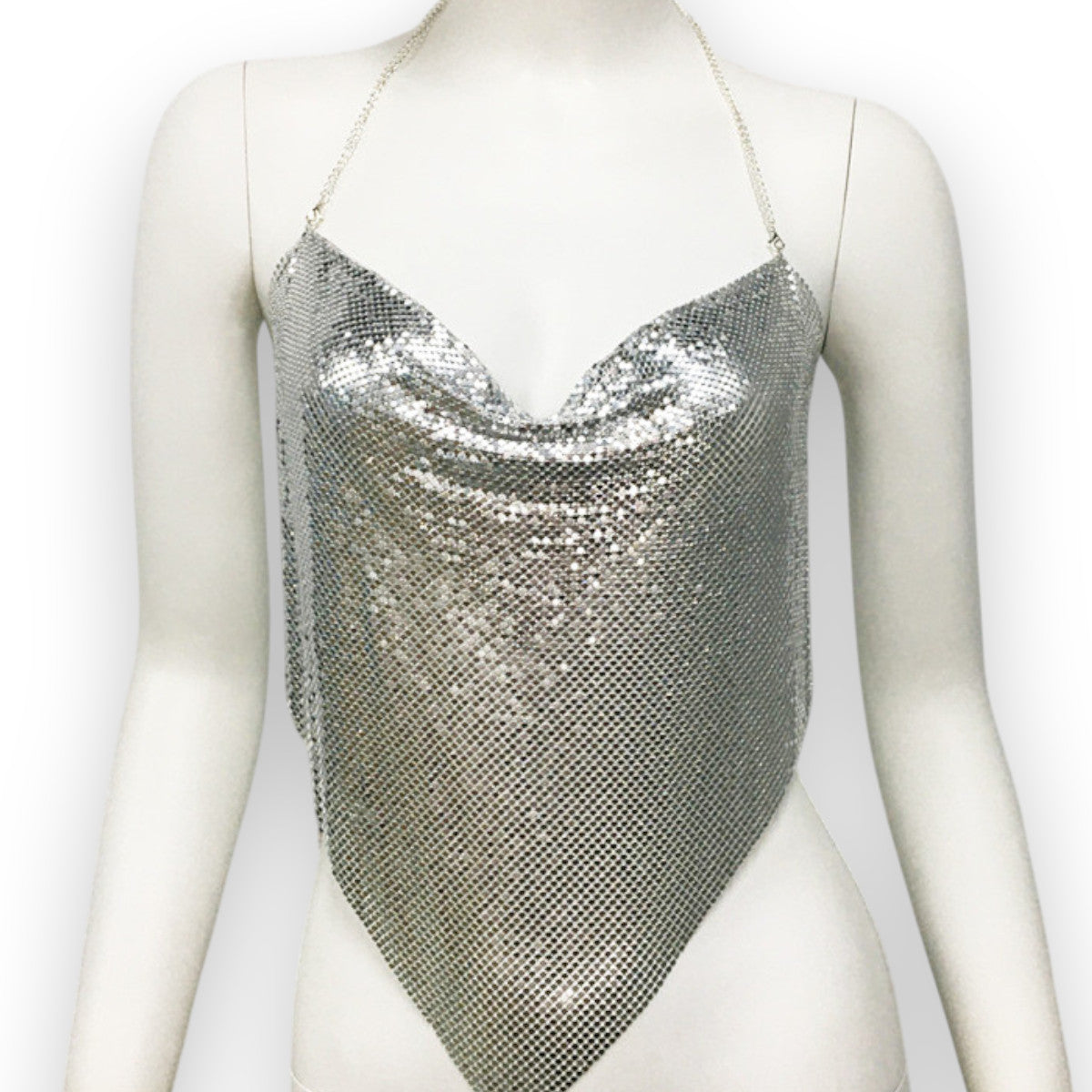 Women Sexy Metallic Chain Top  -  Sequin Rhinestone Backless Crop Outfit Sparkly EDM Party Club Night Tank Shirt