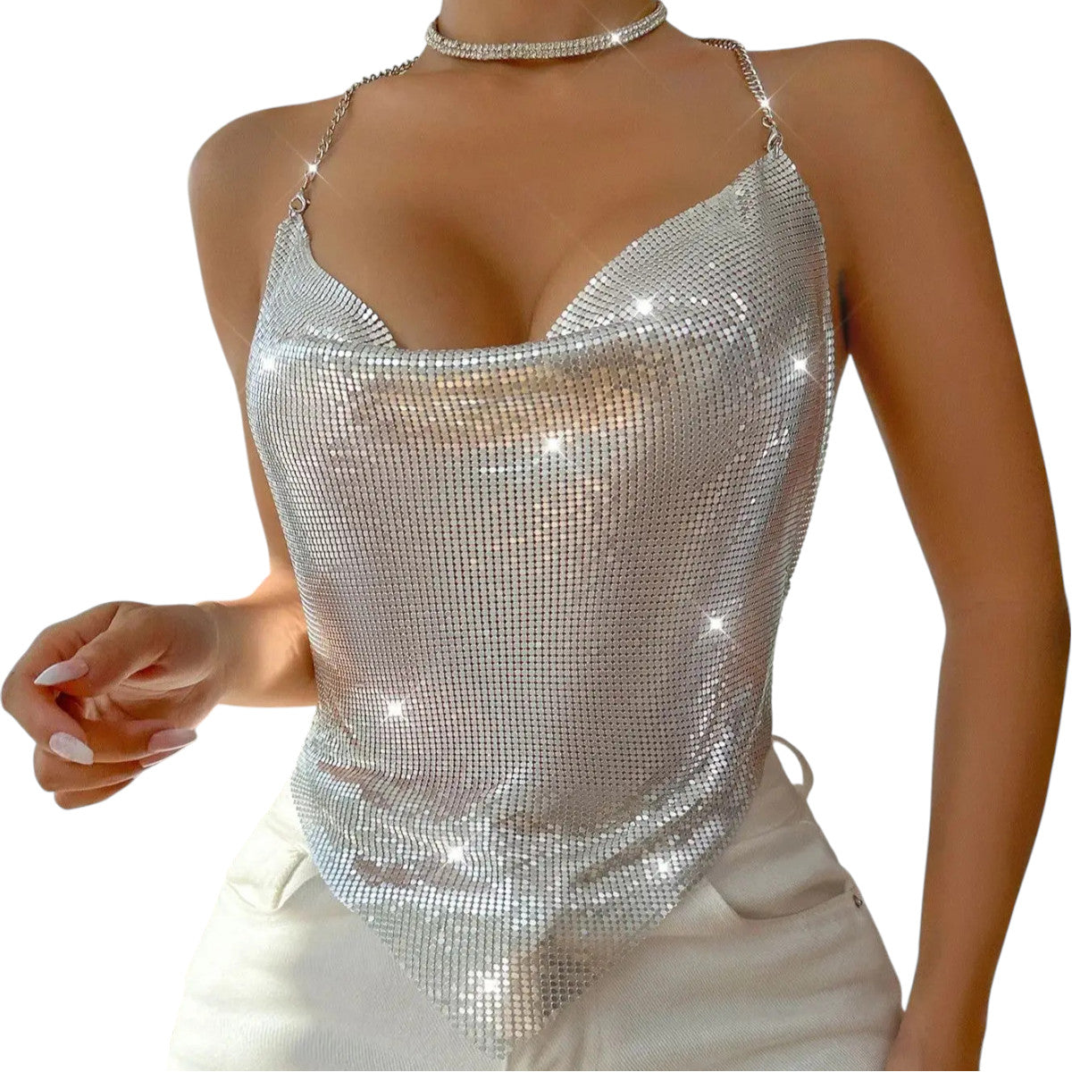 Women Sexy Metallic Chain Top  -  Sequin Rhinestone Backless Crop Outfit Sparkly EDM Party Club Night Tank Shirt