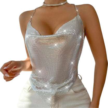 Women Sexy Metallic Chain Top  -  Sequin Rhinestone Backless Crop Outfit Sparkly EDM Party Club Night Tank Shirt
