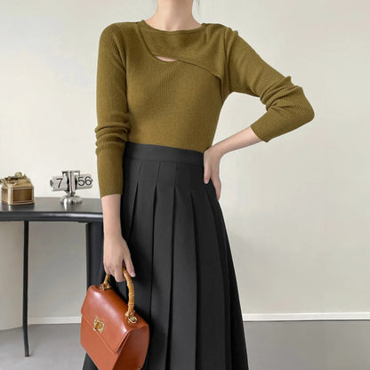 Women’s Korean Style Knitted Pullover – Simple Long Sleeve Round Neck Sweater Top
