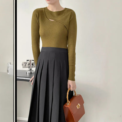 Women’s Korean Style Knitted Pullover – Simple Long Sleeve Round Neck Sweater Top