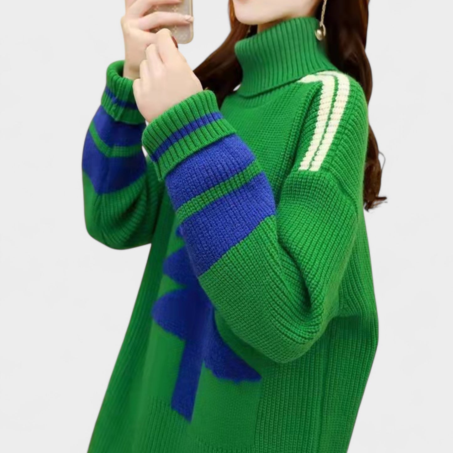 Women’s Christmas Print Mid-Length Knitted Turtleneck Sweater Dress – Korean Style Pullover