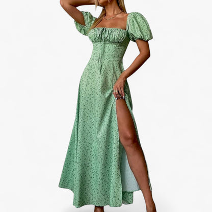 Women’s Floral Puff Sleeve Maxi Dress – Summer Casual Long Dress with Side Split