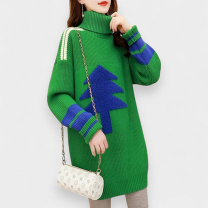 Women’s Christmas Print Mid-Length Knitted Turtleneck Sweater Dress – Korean Style Pullover