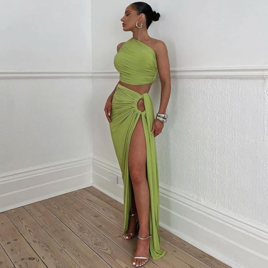Women’s Asymmetrical Slit Skirt & Crop Top Set – Sexy Two-Piece Summer Party Dress