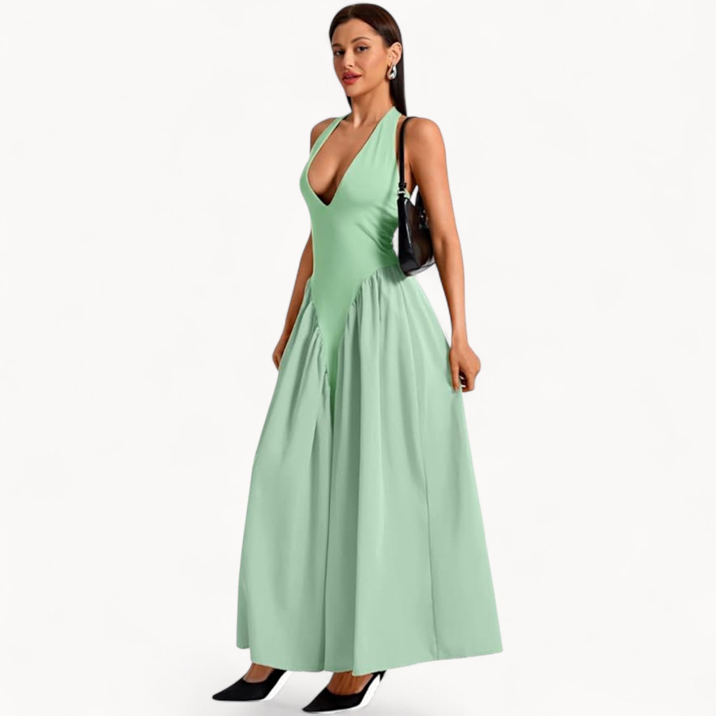Women’s Fashion Long Summer Dress – Deep V Neck, Spliced Halter, Open Back Evening & Beach Dress