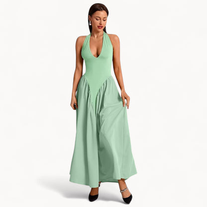 Women’s Fashion Long Summer Dress – Deep V Neck, Spliced Halter, Open Back Evening & Beach Dress