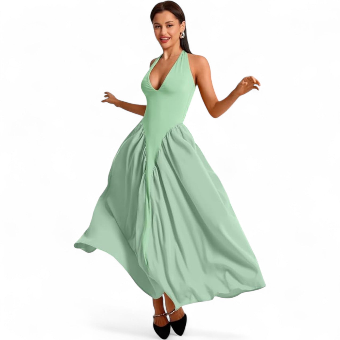 Women’s Fashion Long Summer Dress – Deep V Neck, Spliced Halter, Open Back Evening & Beach Dress