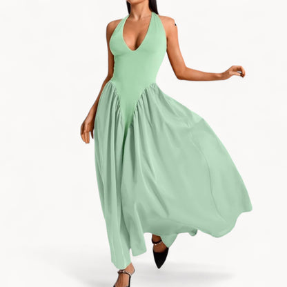 Women’s Fashion Long Summer Dress – Deep V Neck, Spliced Halter, Open Back Evening & Beach Dress