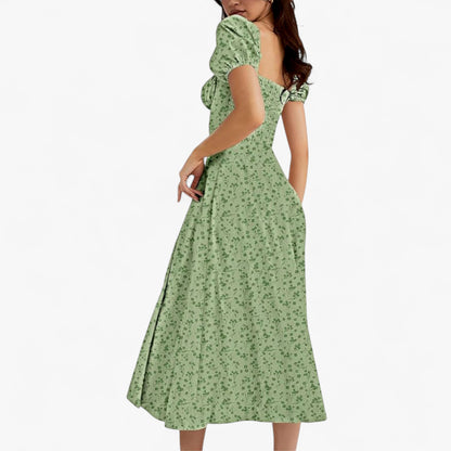 Women’s Floral Puff Sleeve Maxi Dress – Summer Casual Long Dress with Side Split