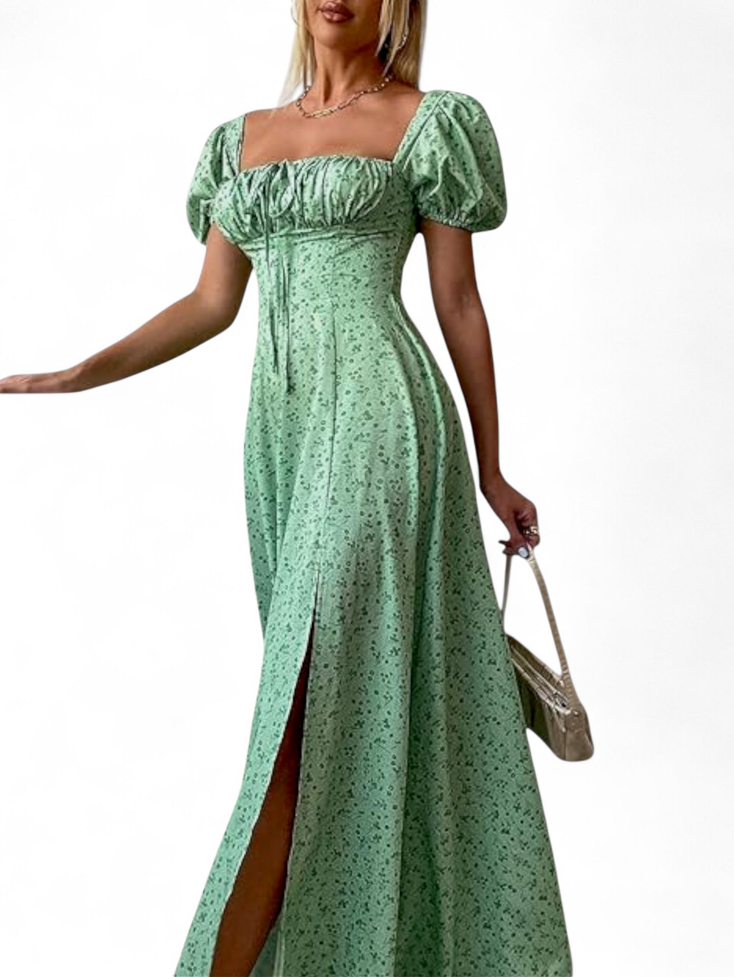 Women’s Floral Puff Sleeve Maxi Dress – Summer Casual Long Dress with Side Split