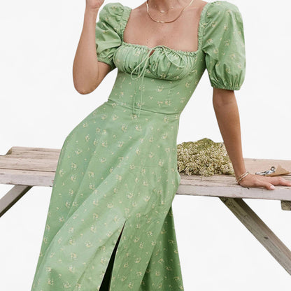 Women’s Floral Puff Sleeve Maxi Dress – Summer Casual Long Dress with Side Split