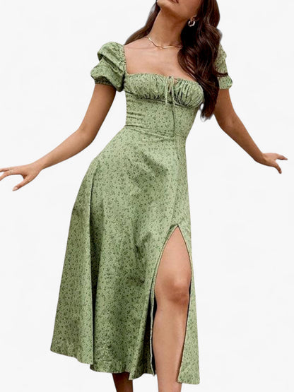 Women’s Floral Puff Sleeve Maxi Dress – Summer Casual Long Dress with Side Split