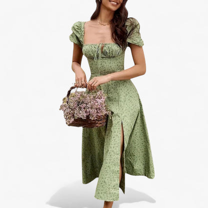 Women’s Floral Puff Sleeve Maxi Dress – Summer Casual Long Dress with Side Split