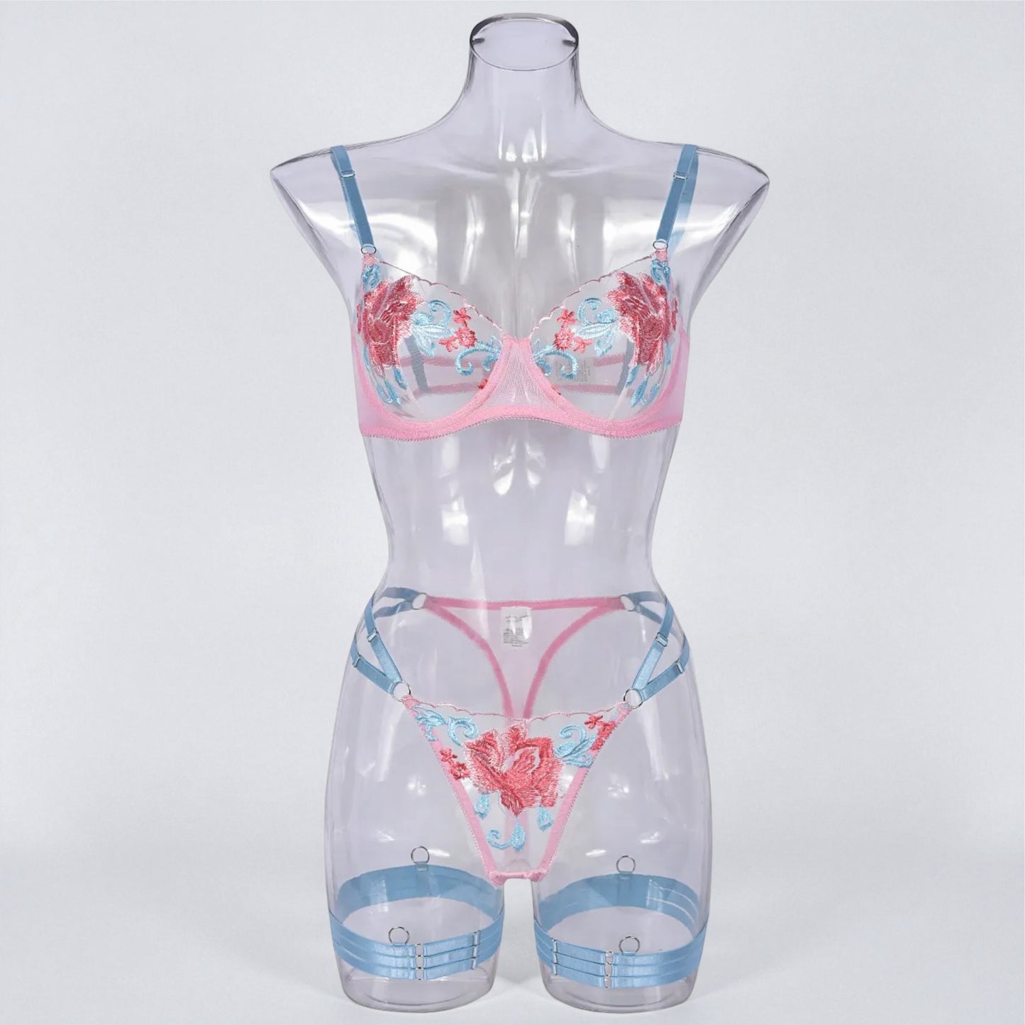 Women’s Mesh Push-Up Lingerie Set – Embroidered 3-Piece Underwear for Intimate & Romantic Wear