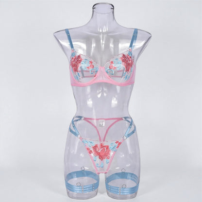 Women’s Mesh Push-Up Lingerie Set – Embroidered 3-Piece Underwear for Intimate & Romantic Wear