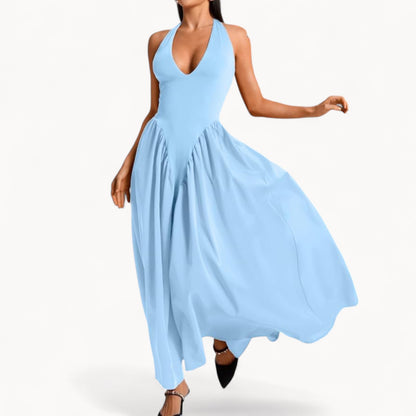 Women’s Fashion Long Summer Dress – Deep V Neck, Spliced Halter, Open Back Evening & Beach Dress