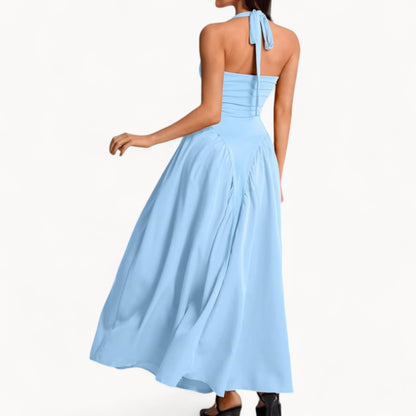Women’s Fashion Long Summer Dress – Deep V Neck, Spliced Halter, Open Back Evening & Beach Dress