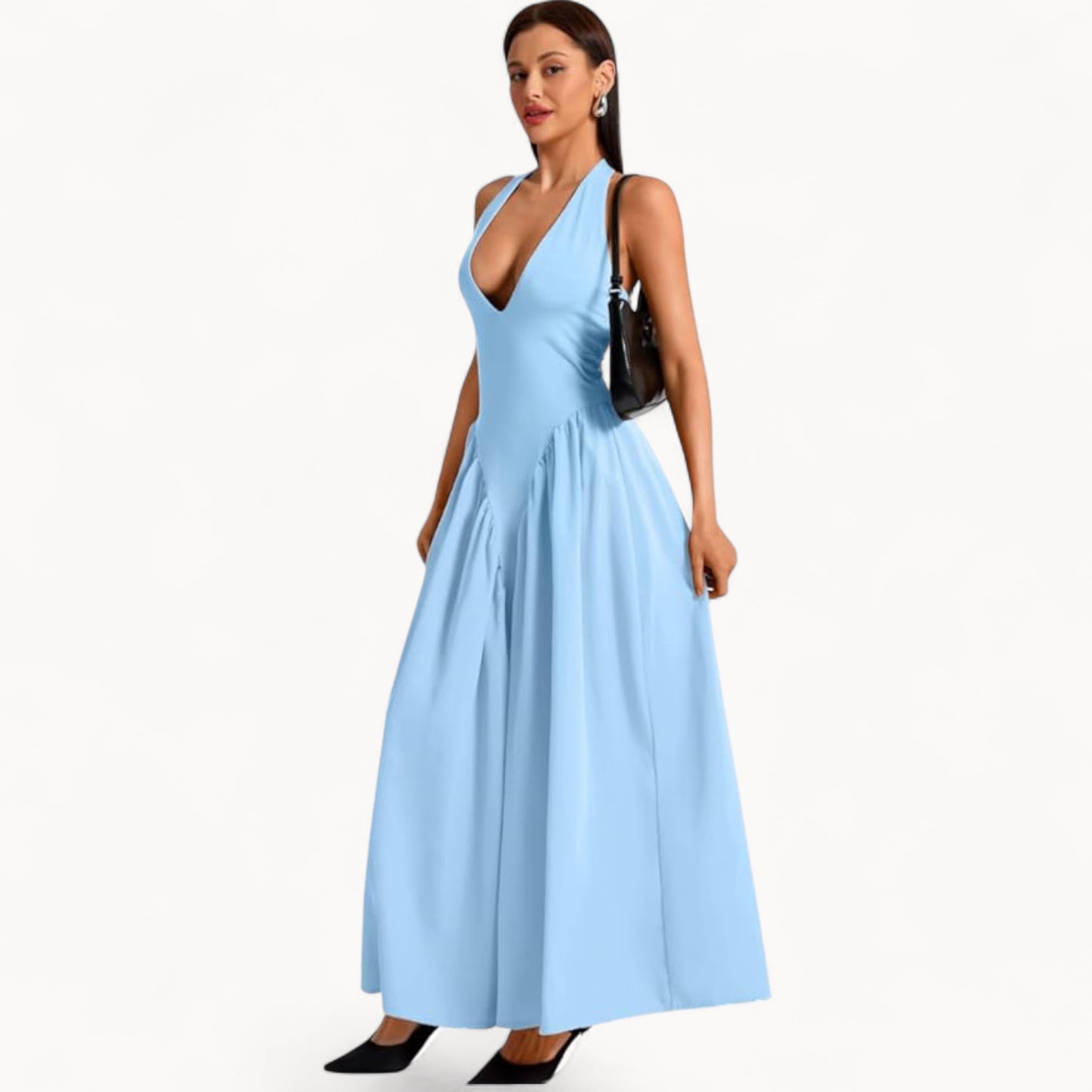 Women’s Fashion Long Summer Dress – Deep V Neck, Spliced Halter, Open Back Evening & Beach Dress