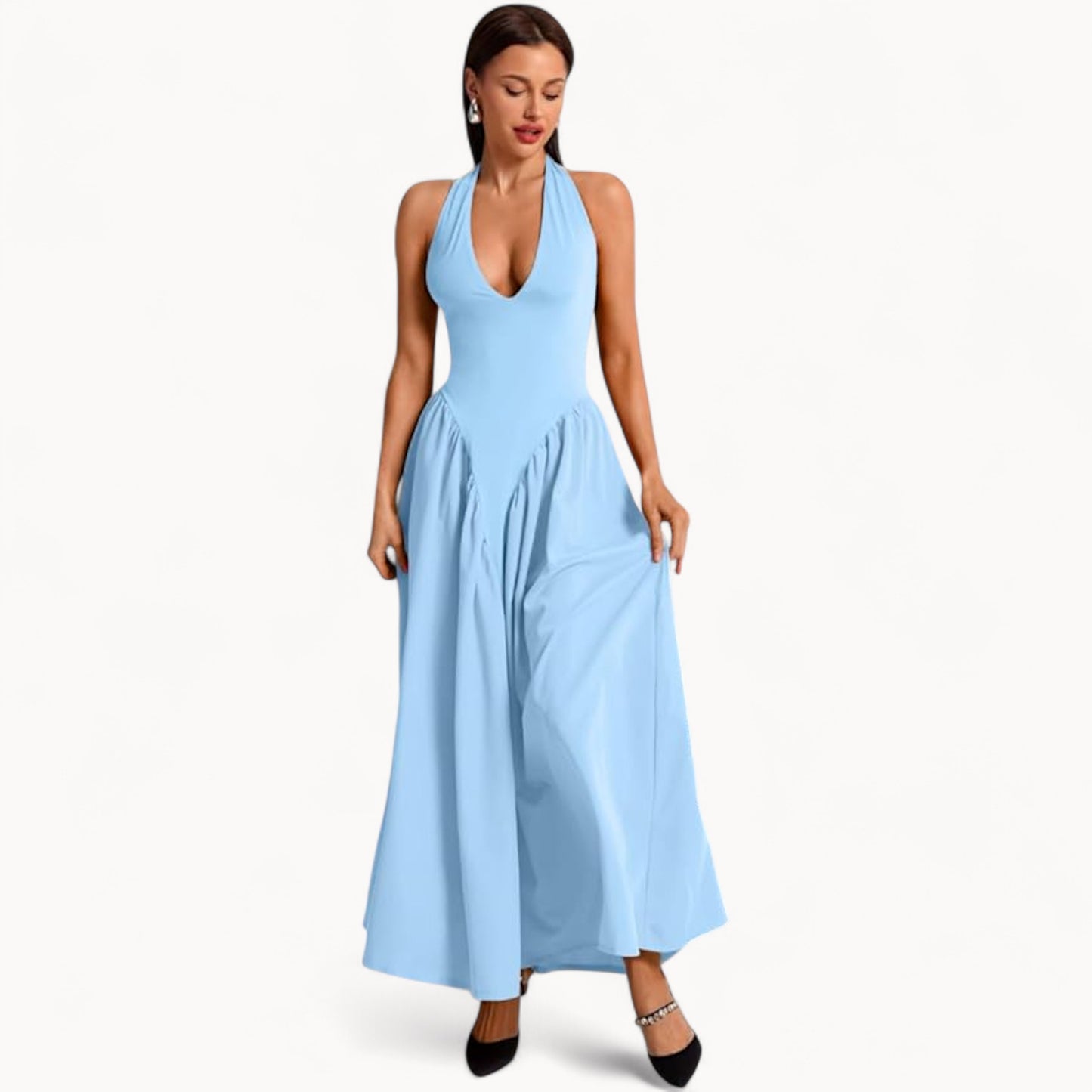 Women’s Fashion Long Summer Dress – Deep V Neck, Spliced Halter, Open Back Evening & Beach Dress