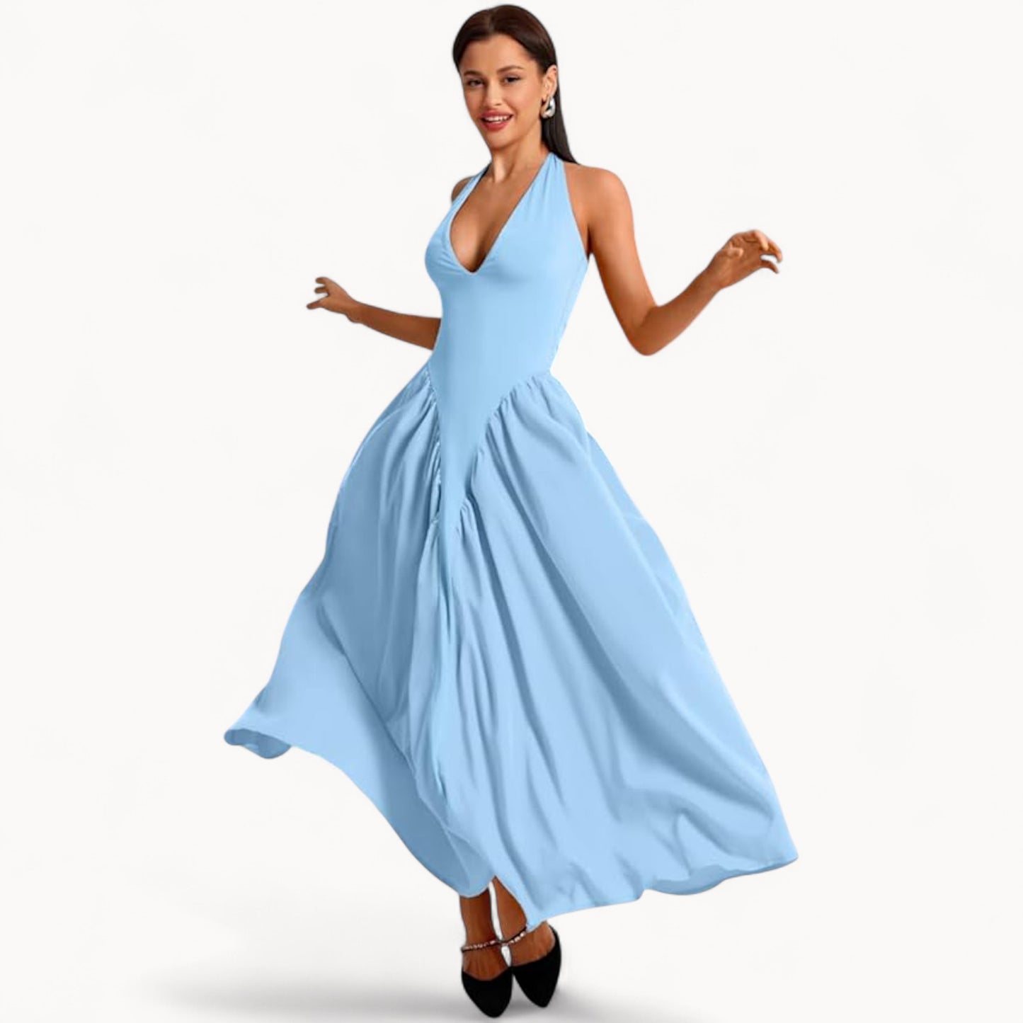 Women’s Fashion Long Summer Dress – Deep V Neck, Spliced Halter, Open Back Evening & Beach Dress