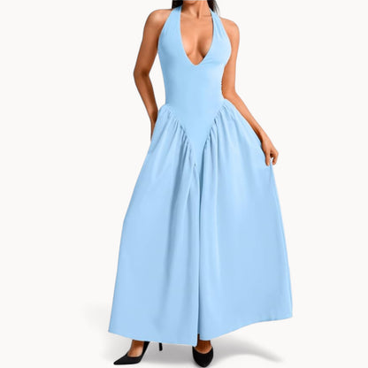 Women’s Fashion Long Summer Dress – Deep V Neck, Spliced Halter, Open Back Evening & Beach Dress