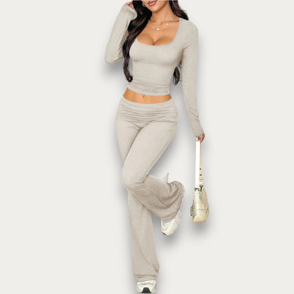 Women’s Solid Color Viscose Blouse – Chic Short Sleeve Summer Top & Pants Set