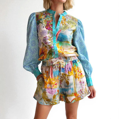 Women’s Floral Linen Long Sleeve Shirt & Shorts Set – Casual Summer Outfit