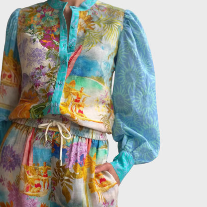 Women’s Floral Linen Long Sleeve Shirt & Shorts Set – Casual Summer Outfit