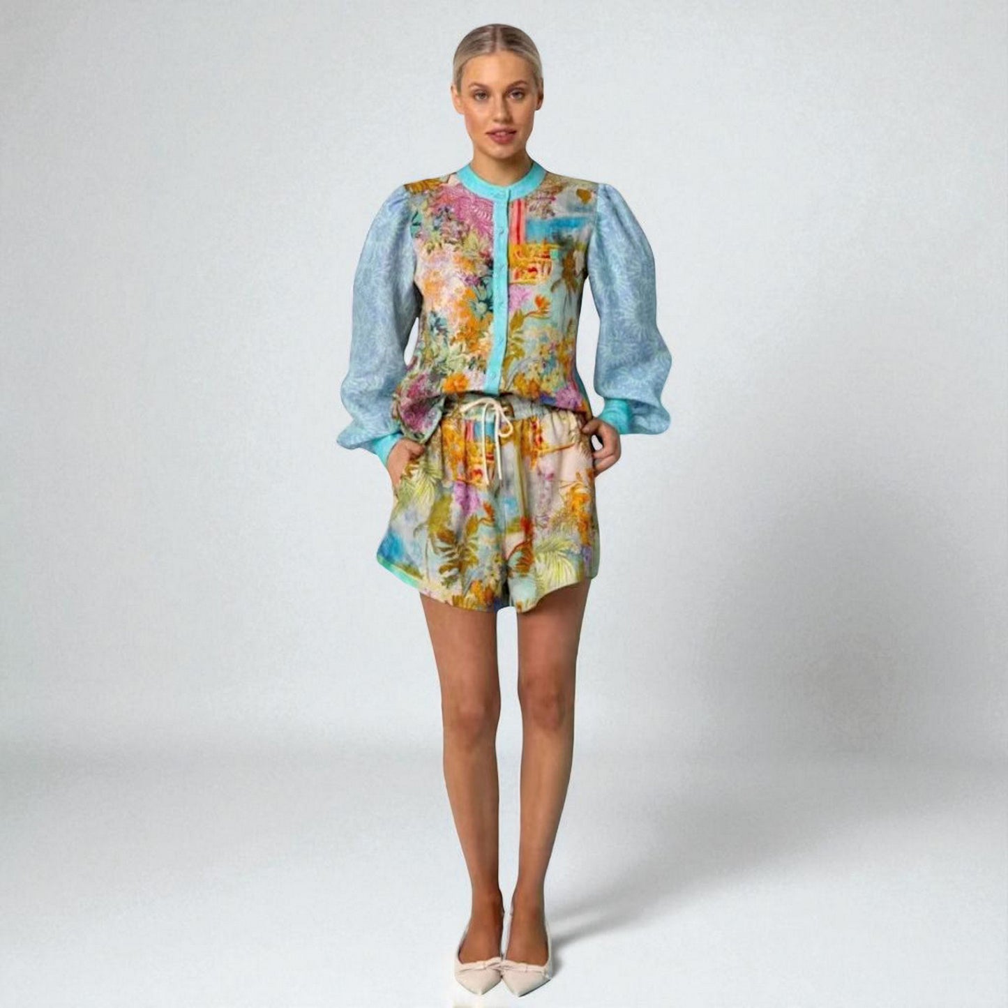 Women’s Floral Linen Long Sleeve Shirt & Shorts Set – Casual Summer Outfit