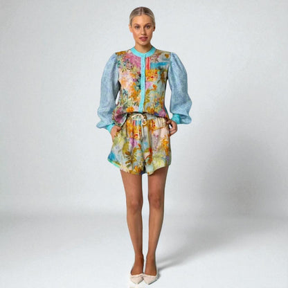 Women’s Floral Linen Long Sleeve Shirt & Shorts Set – Casual Summer Outfit