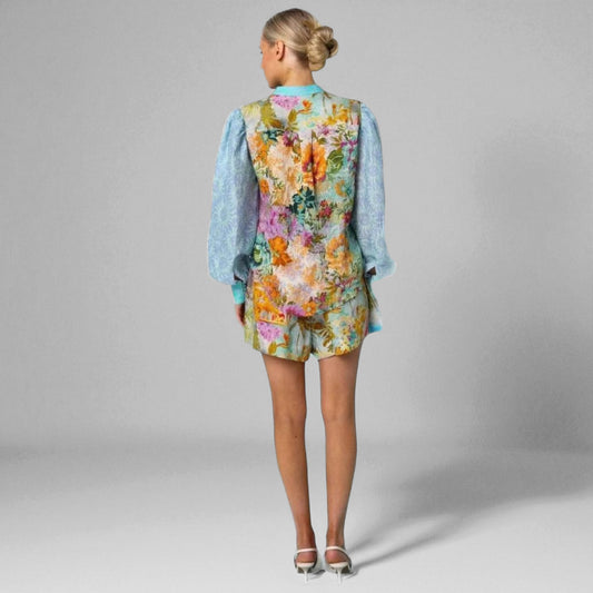 Women’s Floral Linen Long Sleeve Shirt & Shorts Set – Casual Summer Outfit