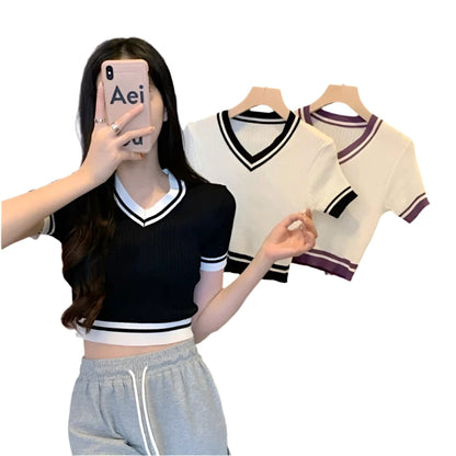 Sexy Versatile V-neck Short Sleeve T-shirt Women Summer Design Fresh