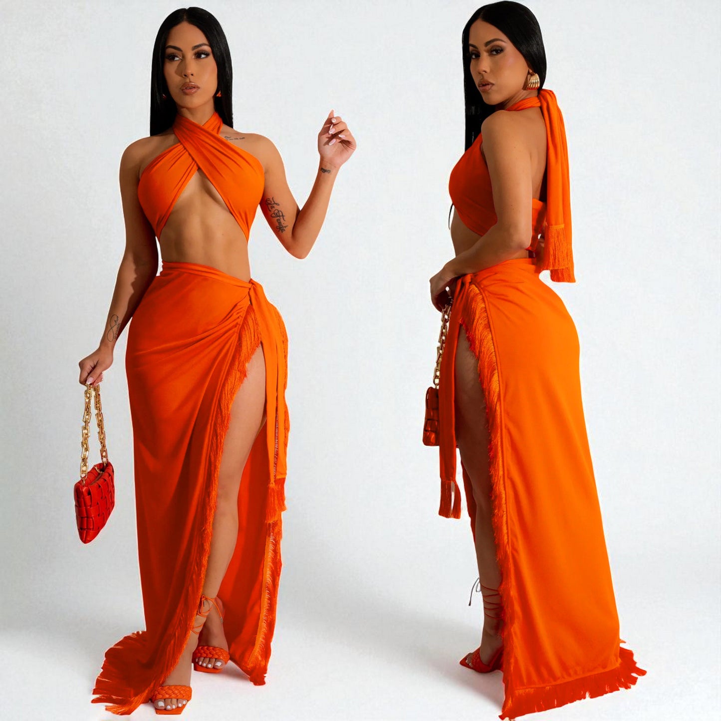 Women’s Evening Party Outfit – Sleeveless Crop Top & Maxi Skirt Set