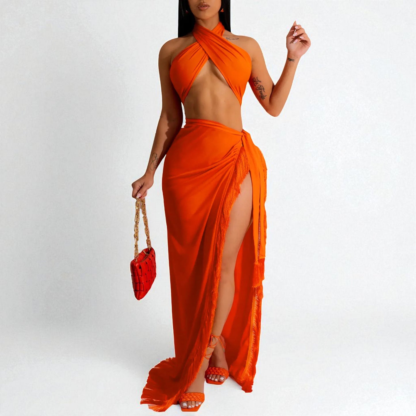 Women’s Evening Party Outfit – Sleeveless Crop Top & Maxi Skirt Set