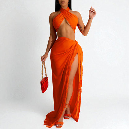 Women’s Evening Party Outfit – Sleeveless Crop Top & Maxi Skirt Set