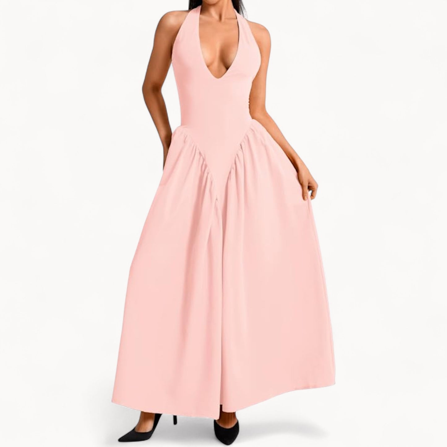 Women’s Fashion Long Summer Dress – Deep V Neck, Spliced Halter, Open Back Evening & Beach Dress