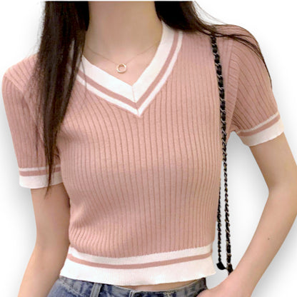 Sexy Versatile V-neck Short Sleeve T-shirt Women Summer Design Fresh
