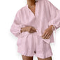 Lace-up Suits Loose V-neck Lantern Sleeve Top And Ruffles Shorts Solid Two-piece Set Womens Clothing