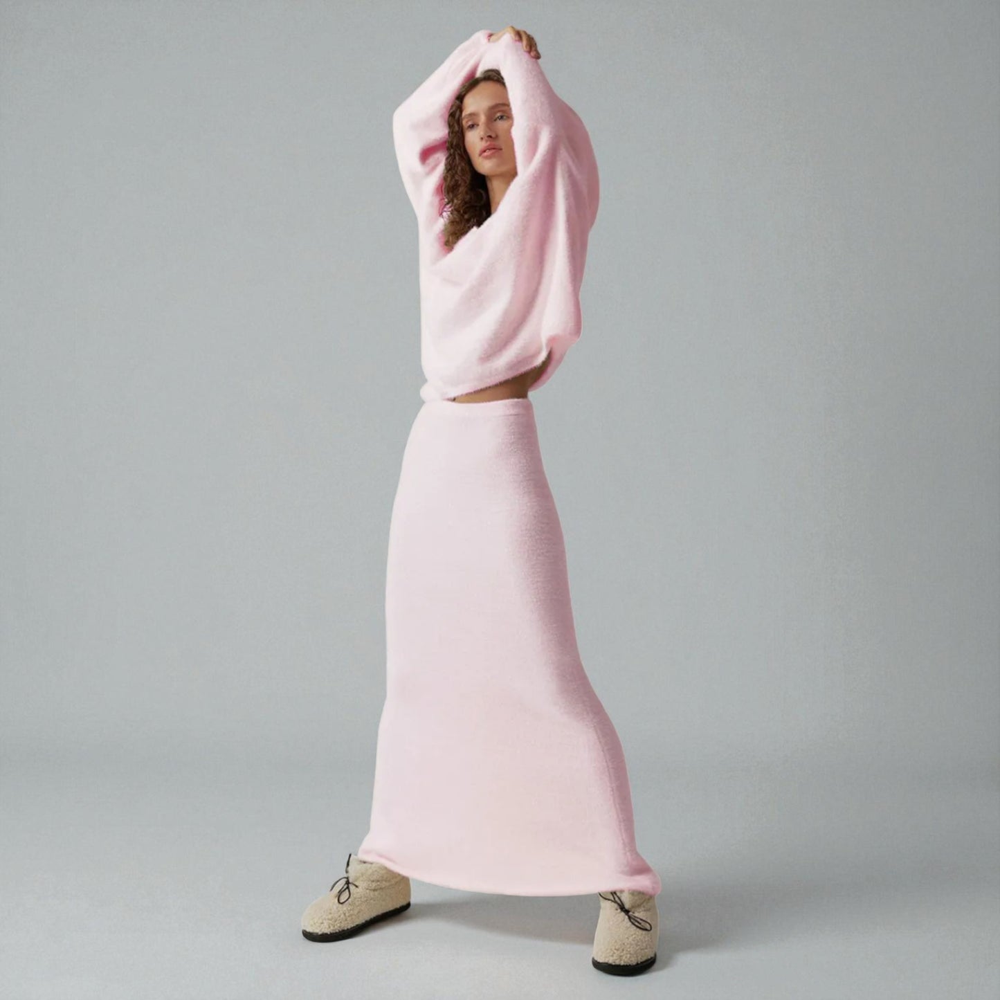 Women’s Knitted Sweater Skirt Set – Elegant V-Neck Long Sleeve Two-Piece Outfit for Fall & Winter