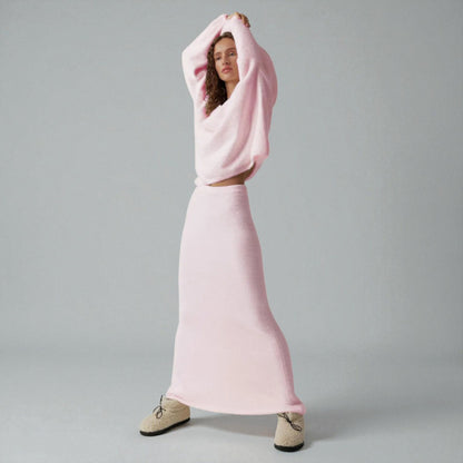Women’s Knitted Sweater Skirt Set – Elegant V-Neck Long Sleeve Two-Piece Outfit for Fall & Winter